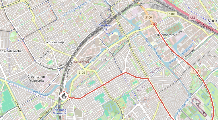 Kaart van de omgeving van de melding, met de kazerne die is gealarmeerd