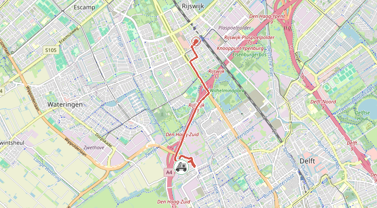 Kaart van de omgeving van de melding, met de kazerne die is gealarmeerd