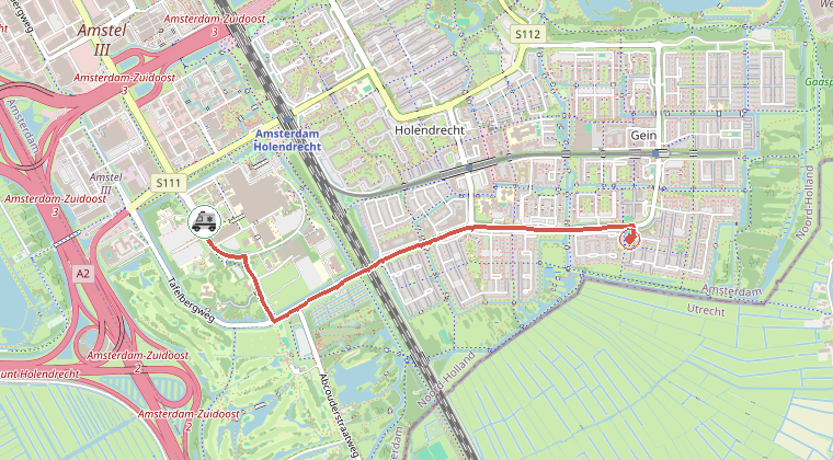 Kaart van de omgeving van de melding, met de kazerne die is gealarmeerd