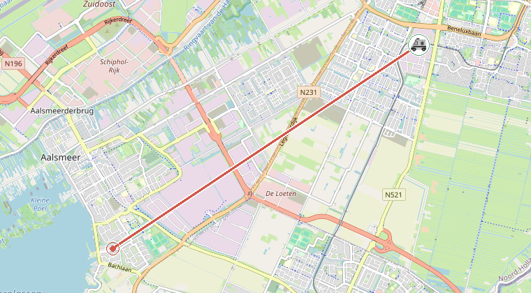 Kaart van de omgeving van de melding, met de kazerne die is gealarmeerd