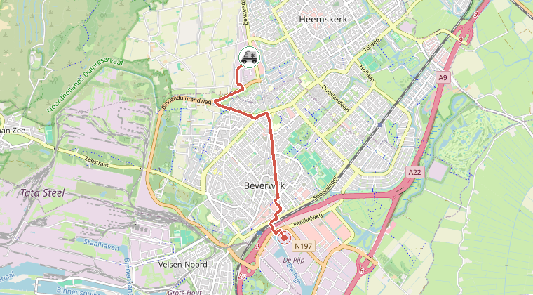 Kaart van de omgeving van de melding, met de kazerne die is gealarmeerd