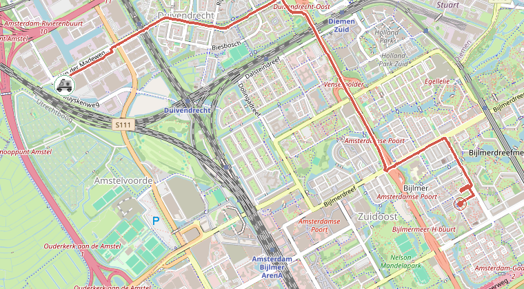 Kaart van de omgeving van de melding, met de kazerne die is gealarmeerd