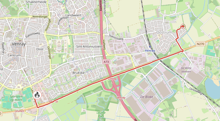 Kaart van de omgeving van de melding, met de kazerne die is gealarmeerd