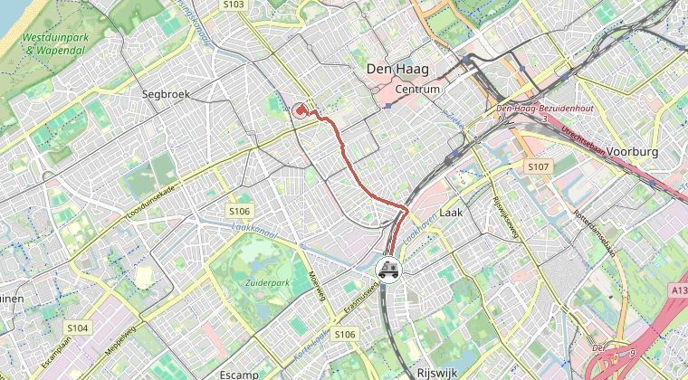 Kaart van de omgeving van de melding, met de kazerne die is gealarmeerd