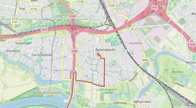Kaart van de omgeving van de melding, met de kazerne die is gealarmeerd