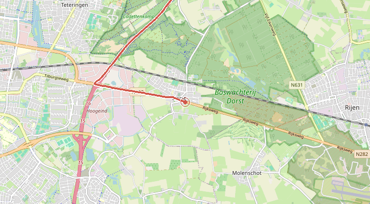Kaart van de omgeving van de melding, met de kazerne die is gealarmeerd