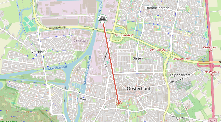 Kaart van de omgeving van de melding, met de kazerne die is gealarmeerd