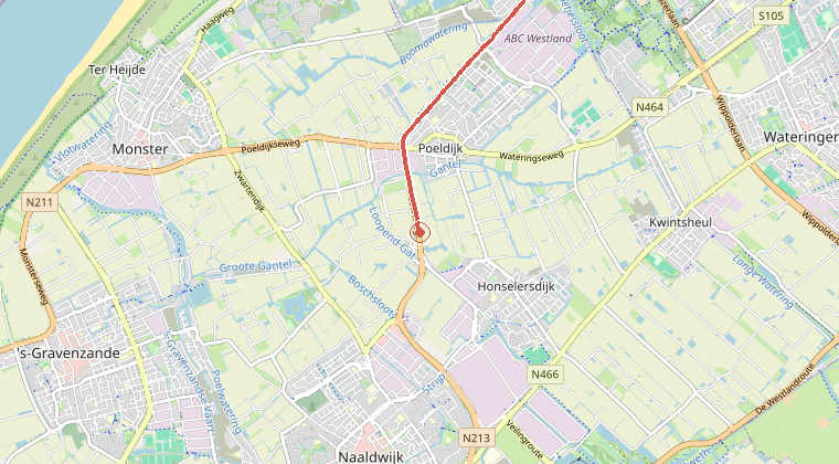 Kaart van de omgeving van de melding, met de kazerne die is gealarmeerd
