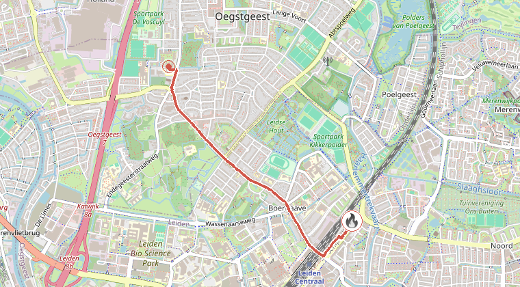 Kaart van de omgeving van de melding, met de kazerne die is gealarmeerd