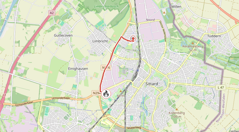Kaart van de omgeving van de melding, met de kazerne die is gealarmeerd