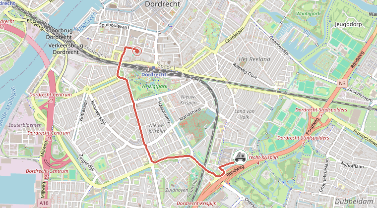 Kaart van de omgeving van de melding, met de kazerne die is gealarmeerd