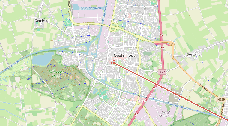 Kaart van de omgeving van de melding, met de kazerne die is gealarmeerd