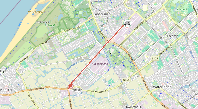 Kaart van de omgeving van de melding, met de kazerne die is gealarmeerd