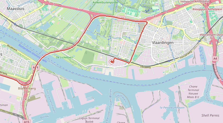 Kaart van de omgeving van de melding, met de kazerne die is gealarmeerd
