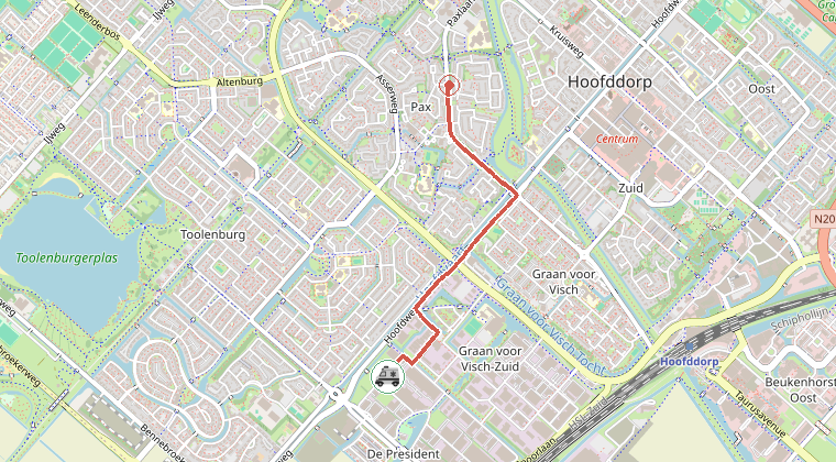 Kaart van de omgeving van de melding, met de kazerne die is gealarmeerd