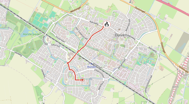 Kaart van de omgeving van de melding, met de kazerne die is gealarmeerd
