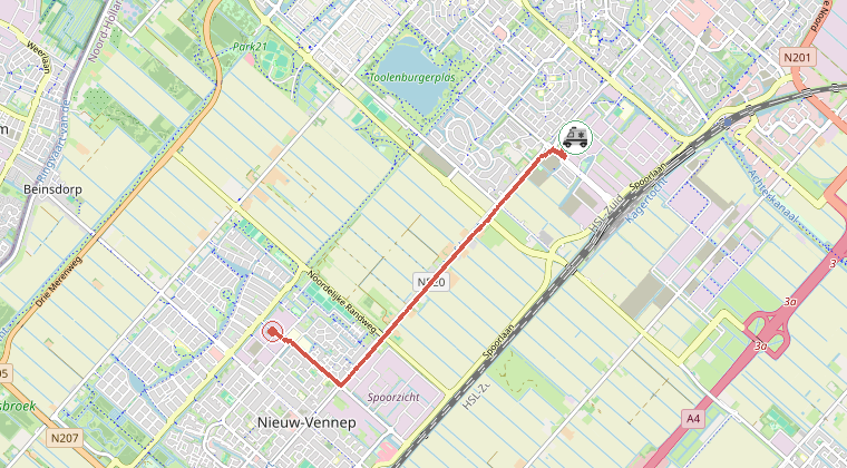 Kaart van de omgeving van de melding, met de kazerne die is gealarmeerd