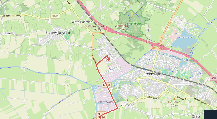 Kaart van de omgeving van de melding, met de kazerne die is gealarmeerd
