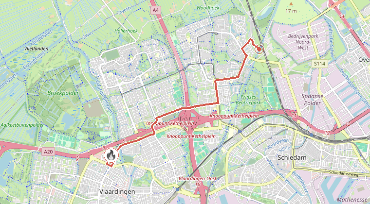 Kaart van de omgeving van de melding, met de kazerne die is gealarmeerd