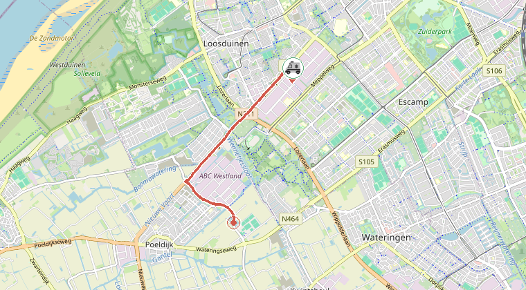 Kaart van de omgeving van de melding, met de kazerne die is gealarmeerd