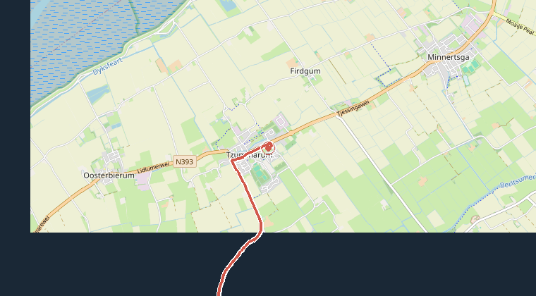 Kaart van de omgeving van de melding, met de kazerne die is gealarmeerd