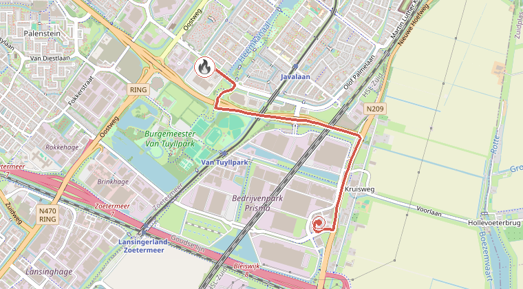 Kaart van de omgeving van de melding, met de kazerne die is gealarmeerd
