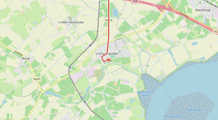 Kaart van de omgeving van de melding, met de kazerne die is gealarmeerd