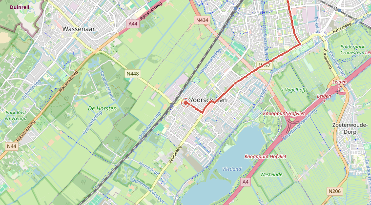 Kaart van de omgeving van de melding, met de kazerne die is gealarmeerd