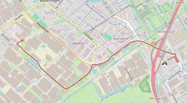 Kaart van de omgeving van de melding, met de kazerne die is gealarmeerd