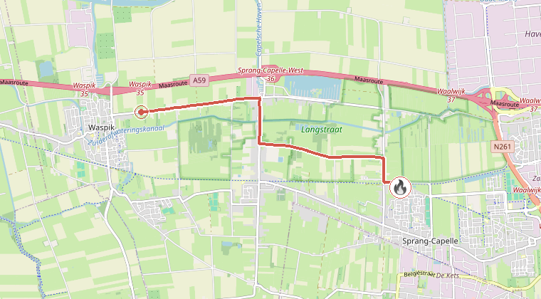 Kaart van de omgeving van de melding, met de kazerne die is gealarmeerd