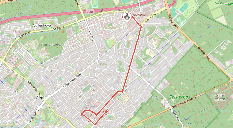 Kaart van de omgeving van de melding, met de kazerne die is gealarmeerd