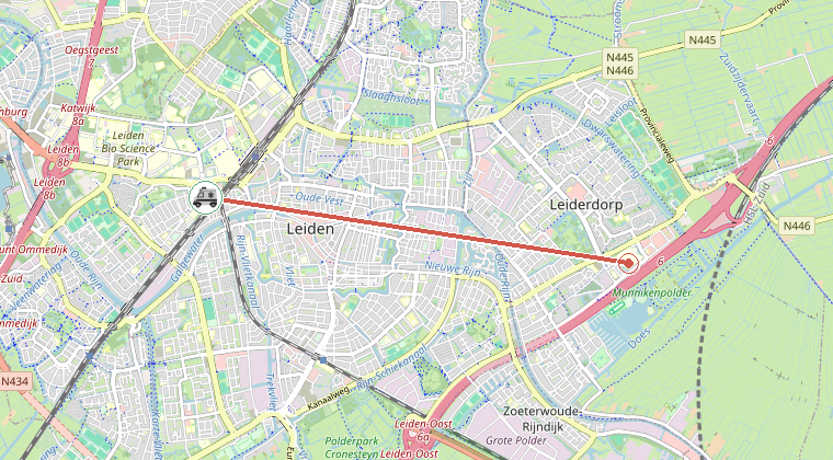 Kaart van de omgeving van de melding, met de kazerne die is gealarmeerd