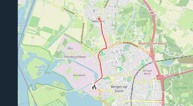 Kaart van de omgeving van de melding, met de kazerne die is gealarmeerd