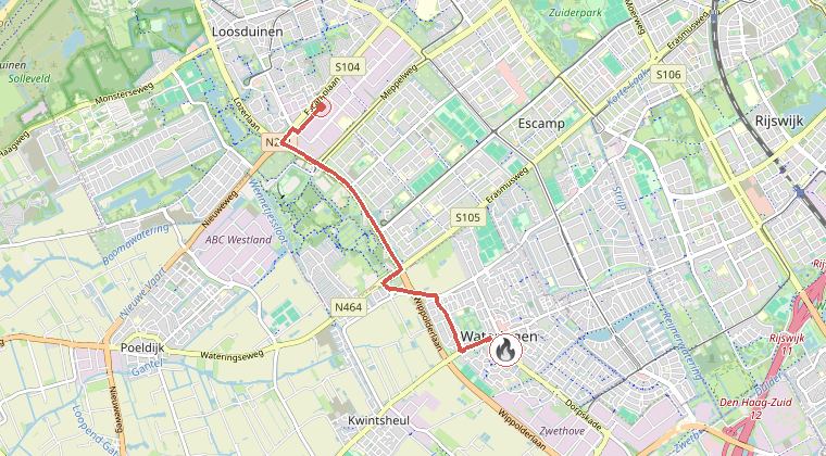 Kaart van de omgeving van de melding, met de kazerne die is gealarmeerd