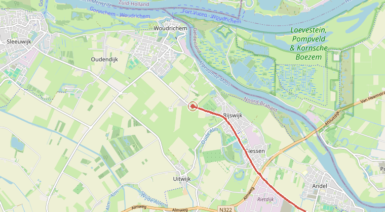 Kaart van de omgeving van de melding, met de kazerne die is gealarmeerd