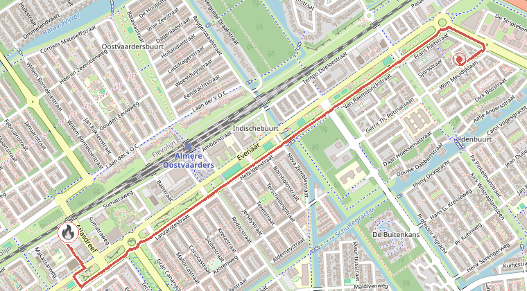 Kaart van de omgeving van de melding, met de kazerne die is gealarmeerd