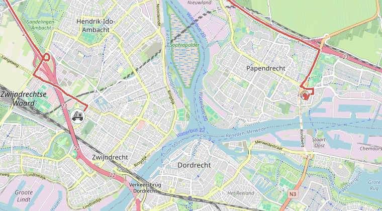 Kaart van de omgeving van de melding, met de kazerne die is gealarmeerd