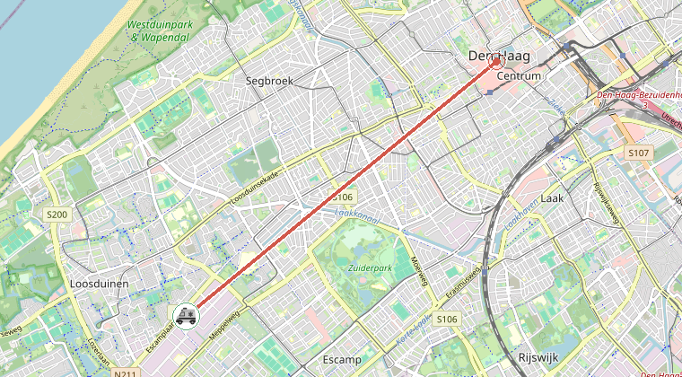 Kaart van de omgeving van de melding, met de kazerne die is gealarmeerd