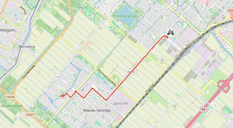Kaart van de omgeving van de melding, met de kazerne die is gealarmeerd