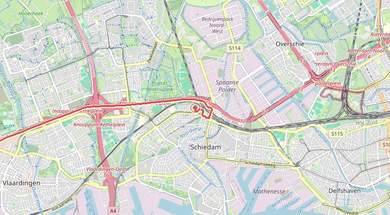 Kaart van de omgeving van de melding, met de kazerne die is gealarmeerd