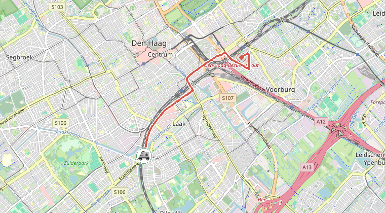 Kaart van de omgeving van de melding, met de kazerne die is gealarmeerd