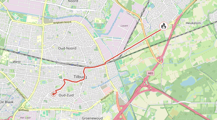 Kaart van de omgeving van de melding, met de kazerne die is gealarmeerd