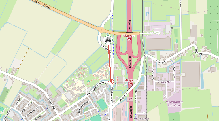 Kaart van de omgeving van de melding, met de kazerne die is gealarmeerd