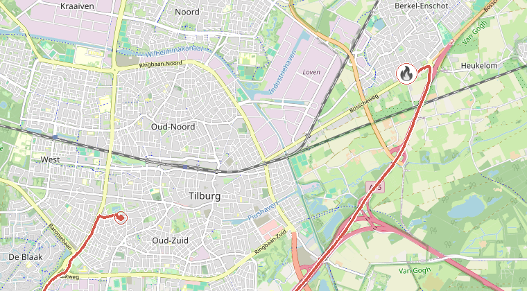 Kaart van de omgeving van de melding, met de kazerne die is gealarmeerd
