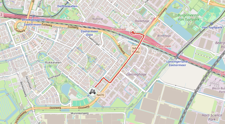 Kaart van de omgeving van de melding, met de kazerne die is gealarmeerd