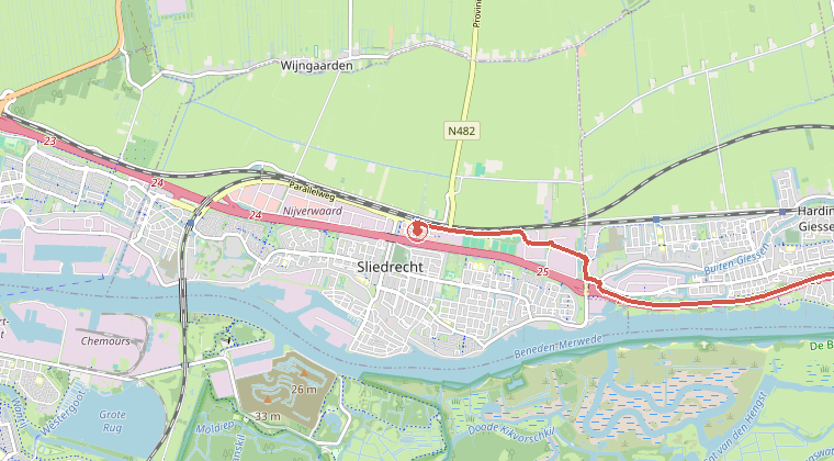 Kaart van de omgeving van de melding, met de kazerne die is gealarmeerd