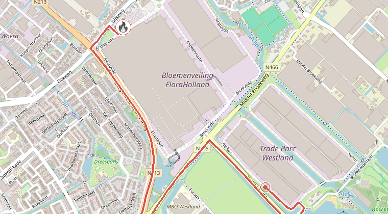 Kaart van de omgeving van de melding, met de kazerne die is gealarmeerd