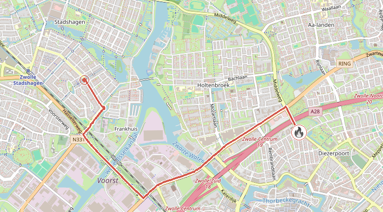 Kaart van de omgeving van de melding, met de kazerne die is gealarmeerd