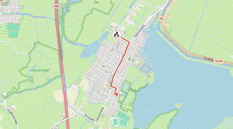 Kaart van de omgeving van de melding, met de kazerne die is gealarmeerd