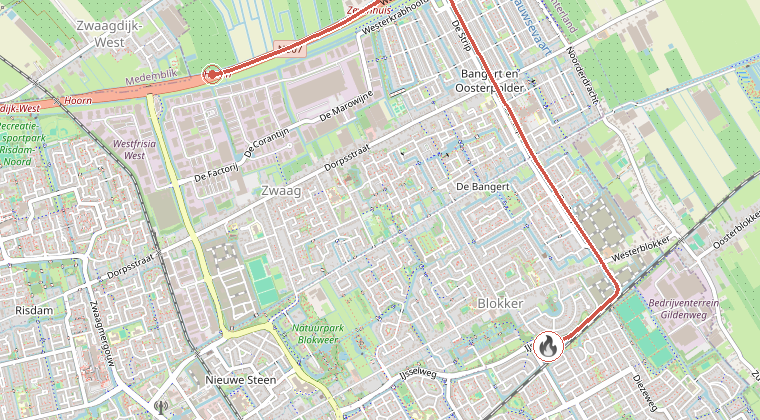 Kaart van de omgeving van de melding, met de kazerne die is gealarmeerd